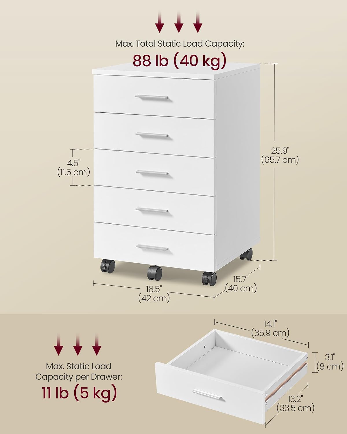 VASAGLE File Cabinet, Mobile Pedestal Filing Cabinet with Wheels