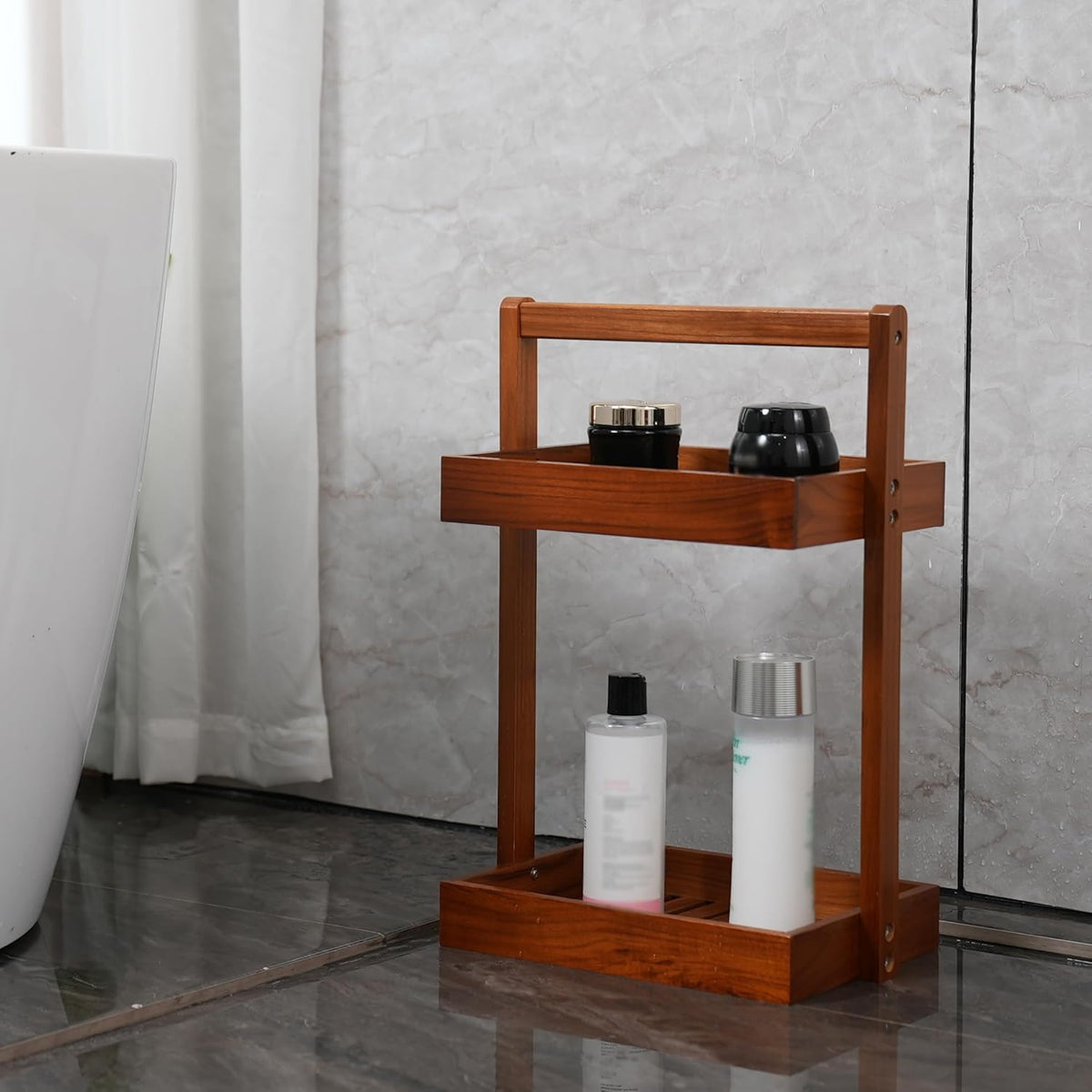 Utoplike Teak Wood Shower Caddy Corner, Bathroom Standing Rack Countertop