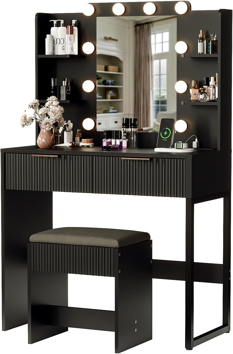 Karl home Fluted Makeup Vanity Desk with Mirror and Lights, Black