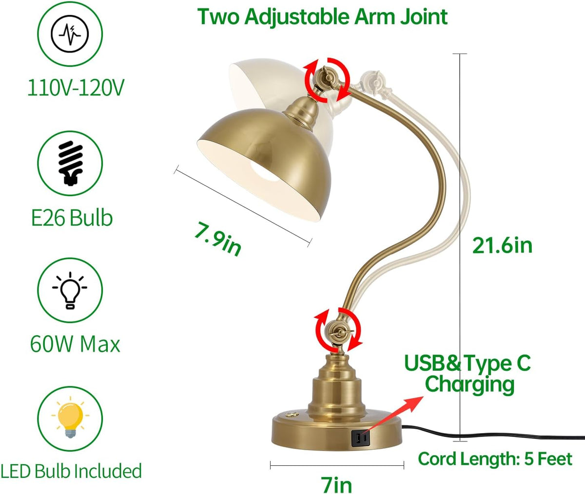 Fetason Dimmable Touch Control Gold Desk Lamp with Swing Arm Charging Port