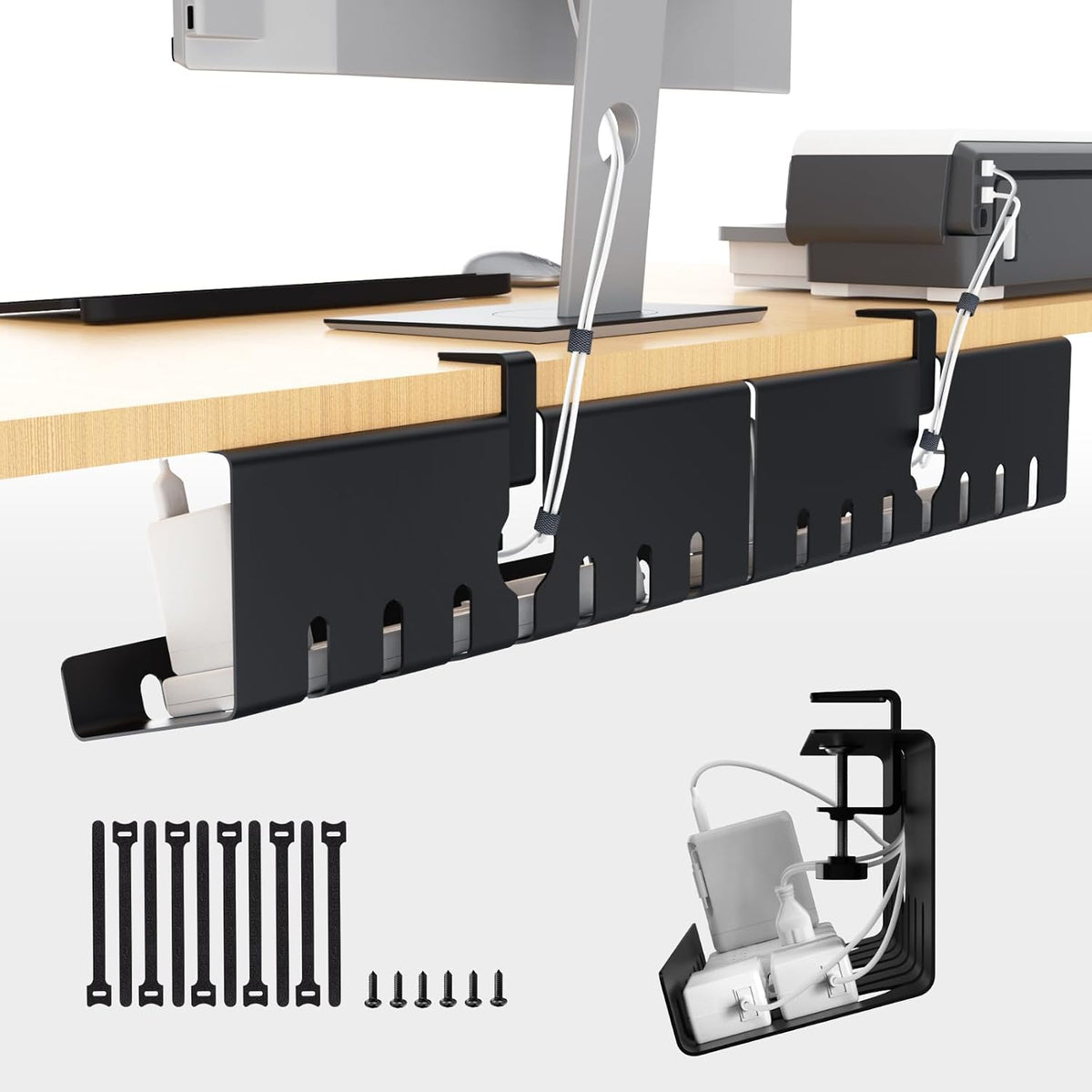 Syeeiex Under Desk Cable Management, Cord Management, Black, 17inch, 2 Set