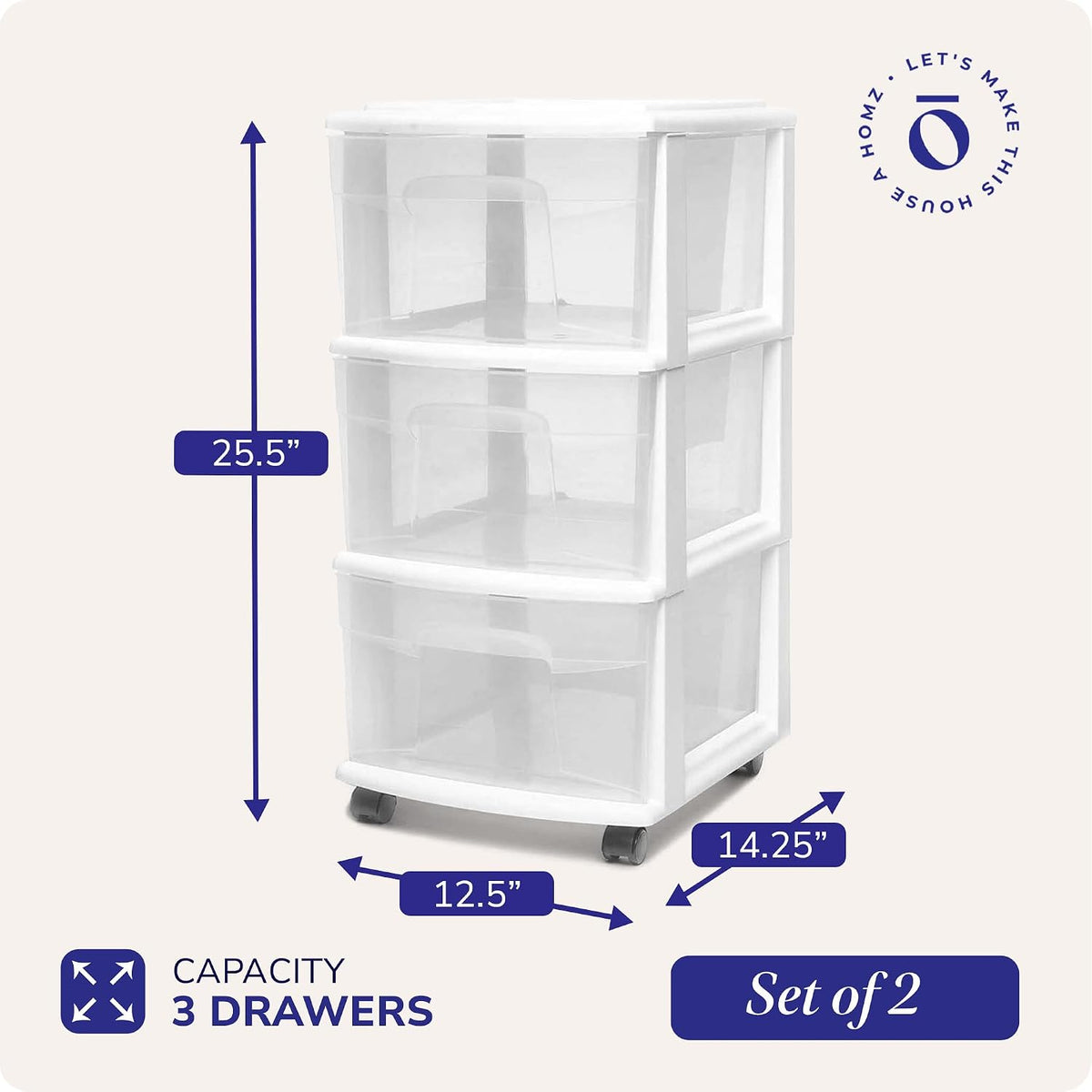 HOMZ Drawer Tower 3-Tier Storage Cart, Removable Wheels, White Frame,2 Pack