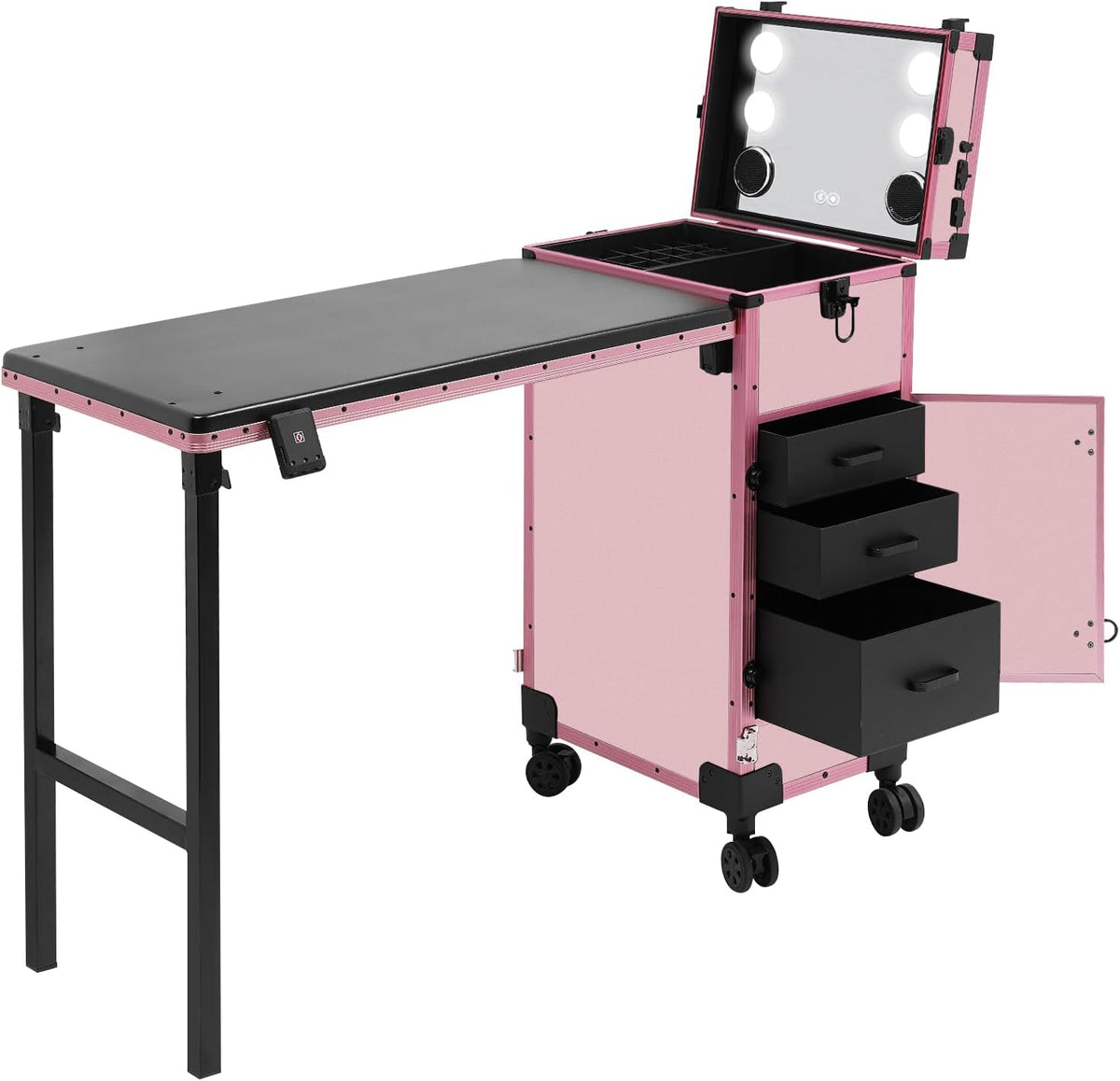 Rolling Makeup Train Case with 4 Drawers&Mirror, Foldable Makeup Nail Des...