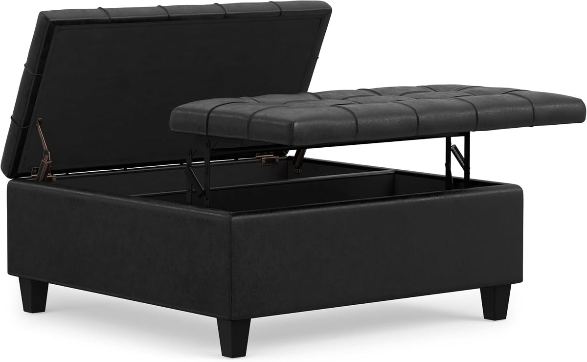 SIMPLIHOME Harrison 36" Wide Vegan Leather Lift Top Ottoman in Black