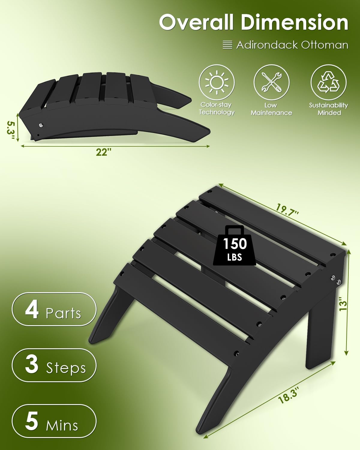 GREENVINES Adirondack Ottoman Set of 2, HDPE Plastic, Black