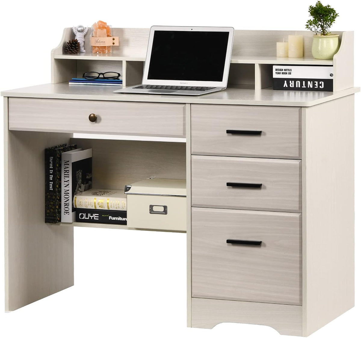 White Home Office Desk with 4 Drawers & Hutch, Computer Table for Bedroom...