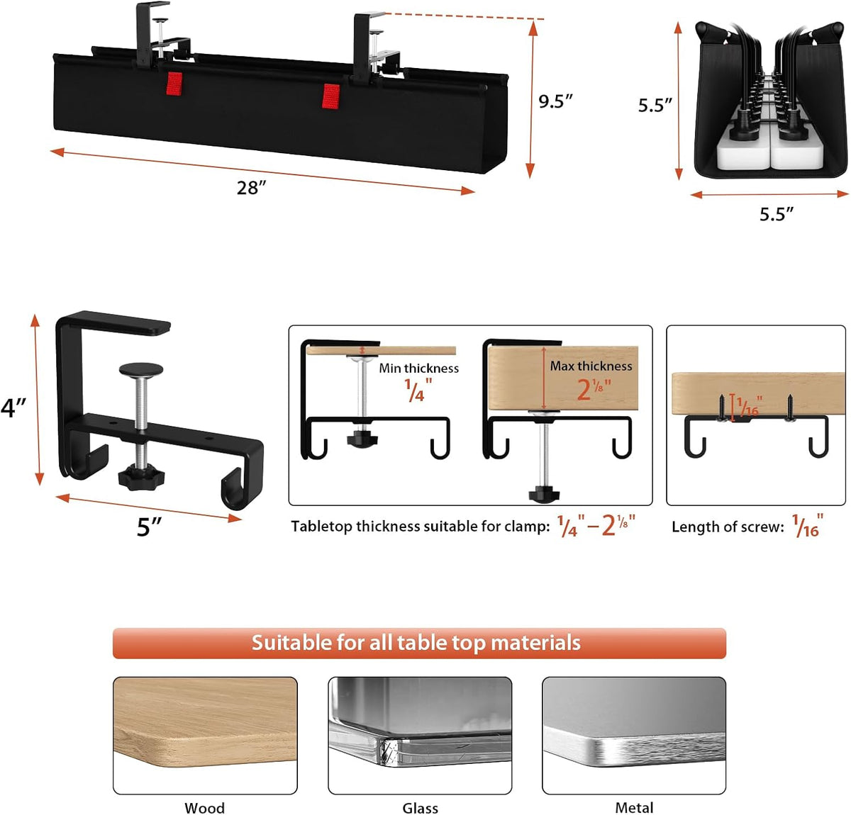 Univivi No Drill Under Desk Cable Management Tray, 28 inch Cable Management