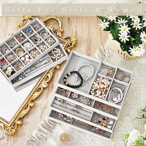 Junkin 18 Pcs Stackable Jewelry Drawer Organizer Inserts Gray