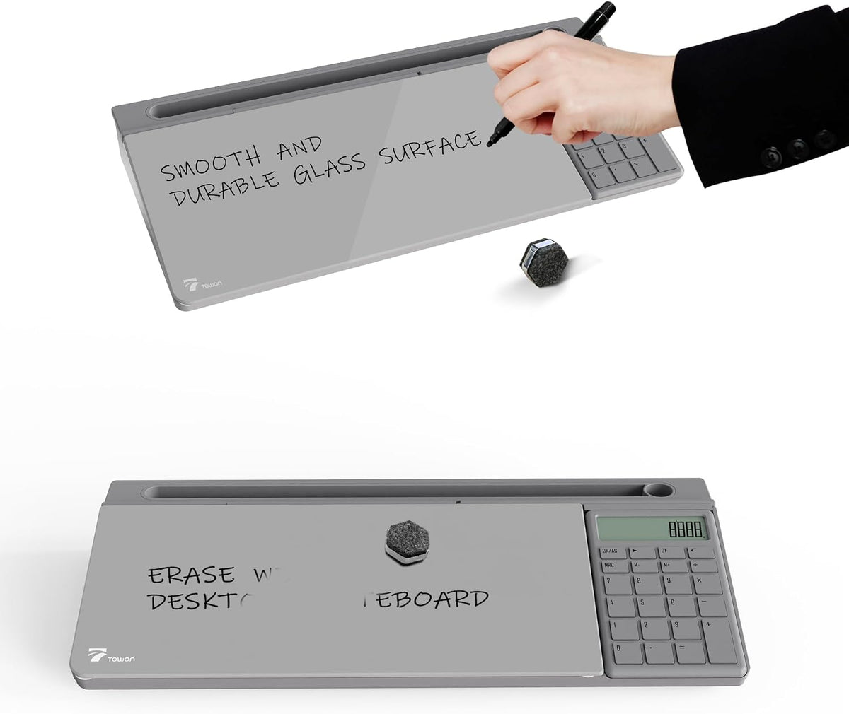 TOWON Glass Desk Whiteboard with Calculator 18x6 in, Desk Organizer, Gray