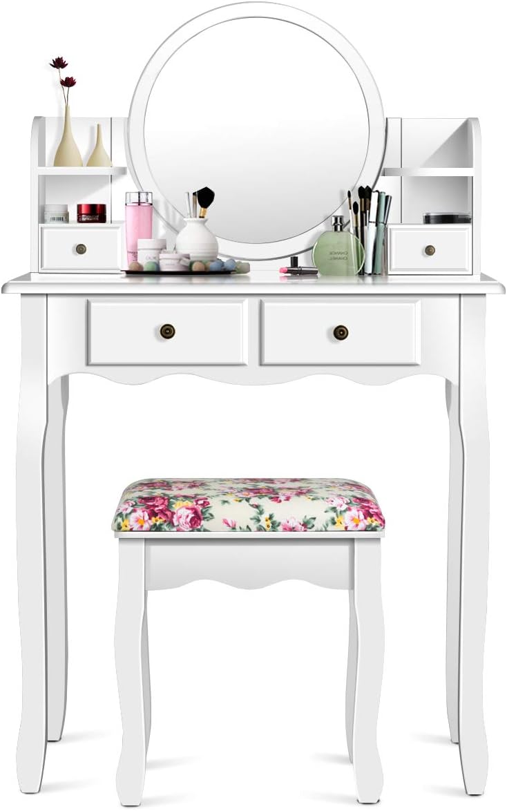 DORTALA Vanity Table Set with Round Mirror, Makeup Desk with Cushioned Stool,...