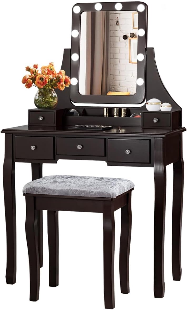 DORTALA Vanity Table Set w/ 360-Degree Rectangular Mirror & Cushioned Sto...