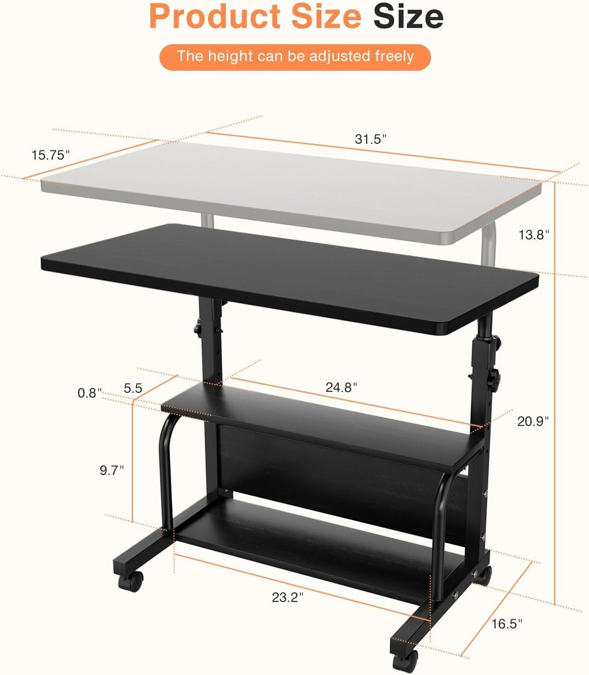 QZMDSM Portable Rolling Desk on Wheels Adjustable Height Desks for Small Spac...