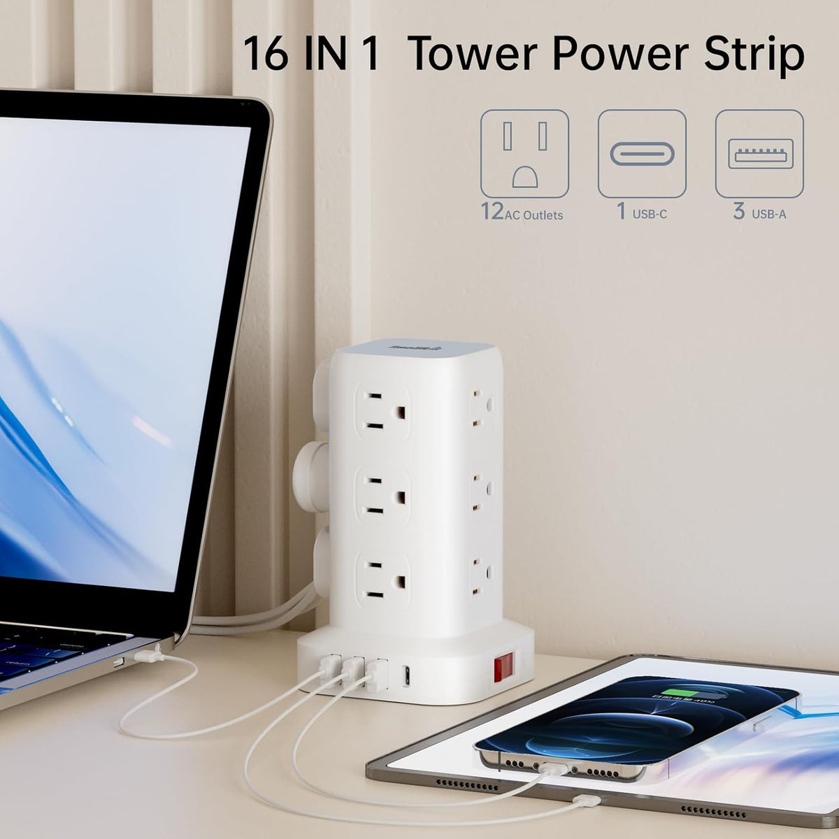 Extension Cord with Multiple Outlets, SMALLRT Flat Plug Power Strip Tower, Ou...