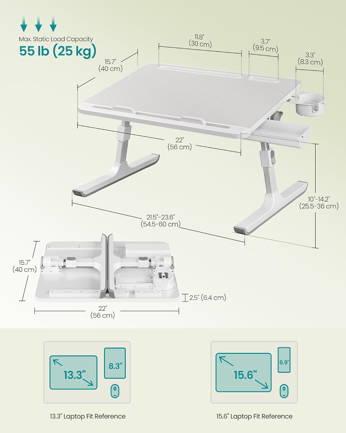 SONGMICS Bed Laptop Desk, Foldable, Adjustable Height, 15.7 x 22 Inches