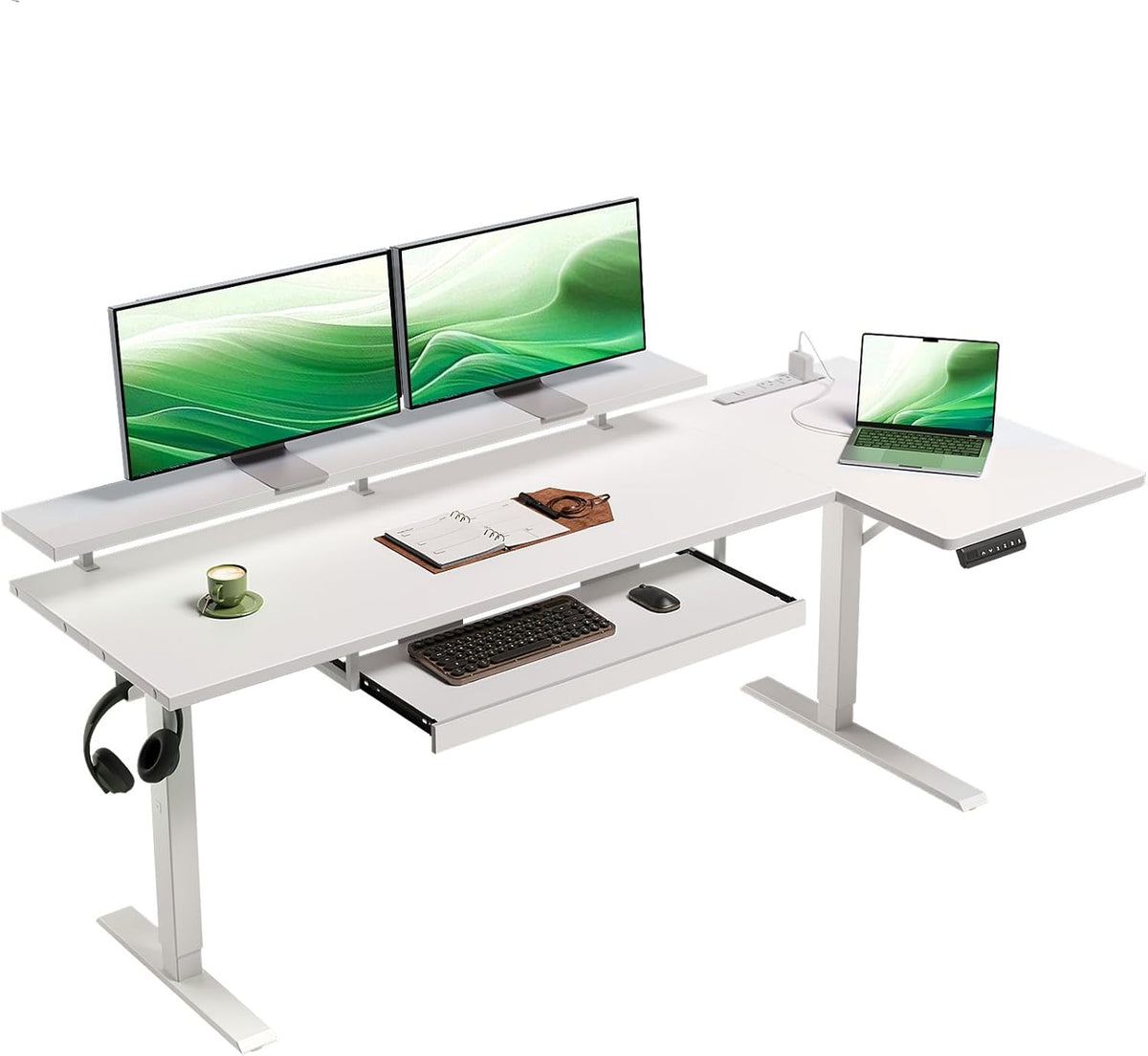 OffiGo 63 Inch Reversible L Shaped Electric Standing Desk, White