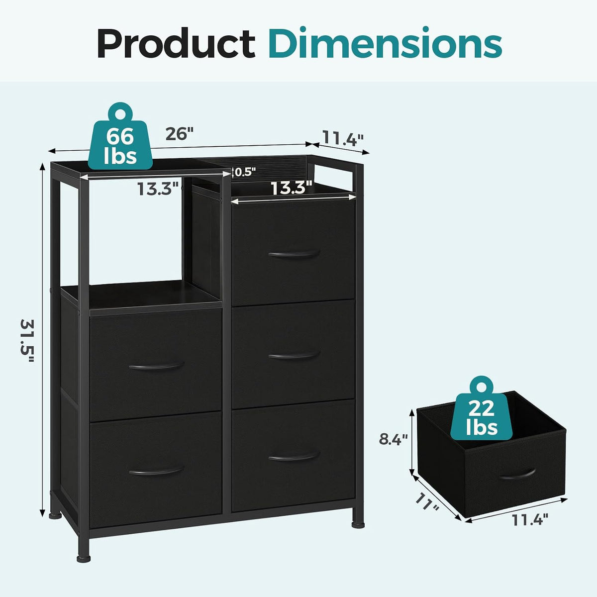 OLIXIS Fabric Dresser, 5 Drawer Storage Tower with Open Shelf, Black