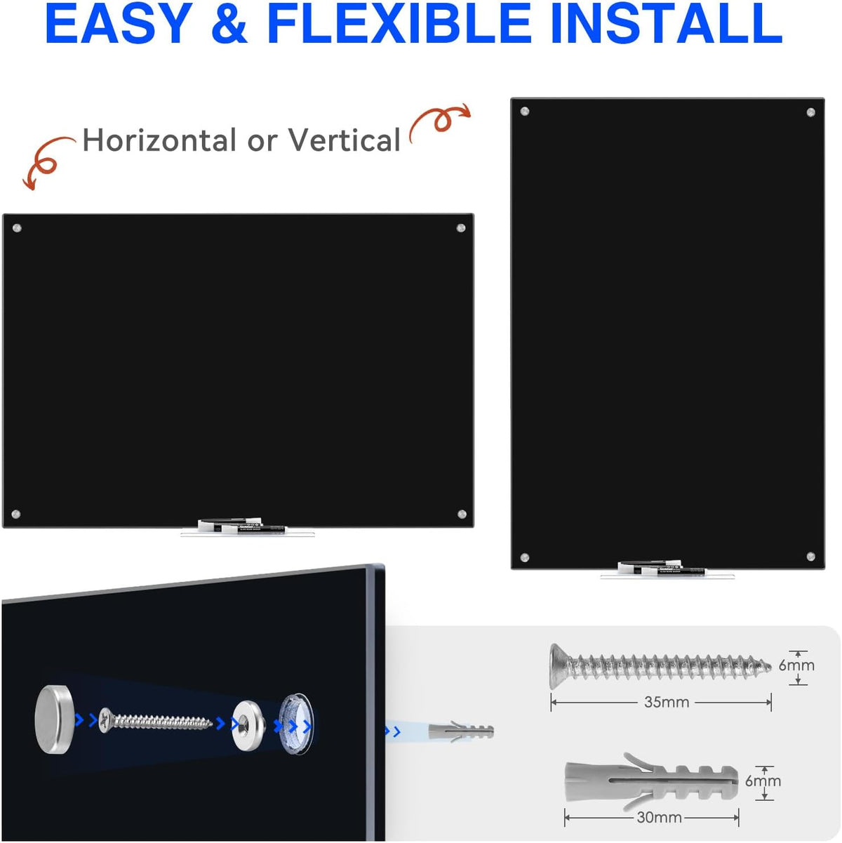 Maxtek Black Magnetic Glass Whiteboard 36 x 24in, Frameless Dry Erase Board