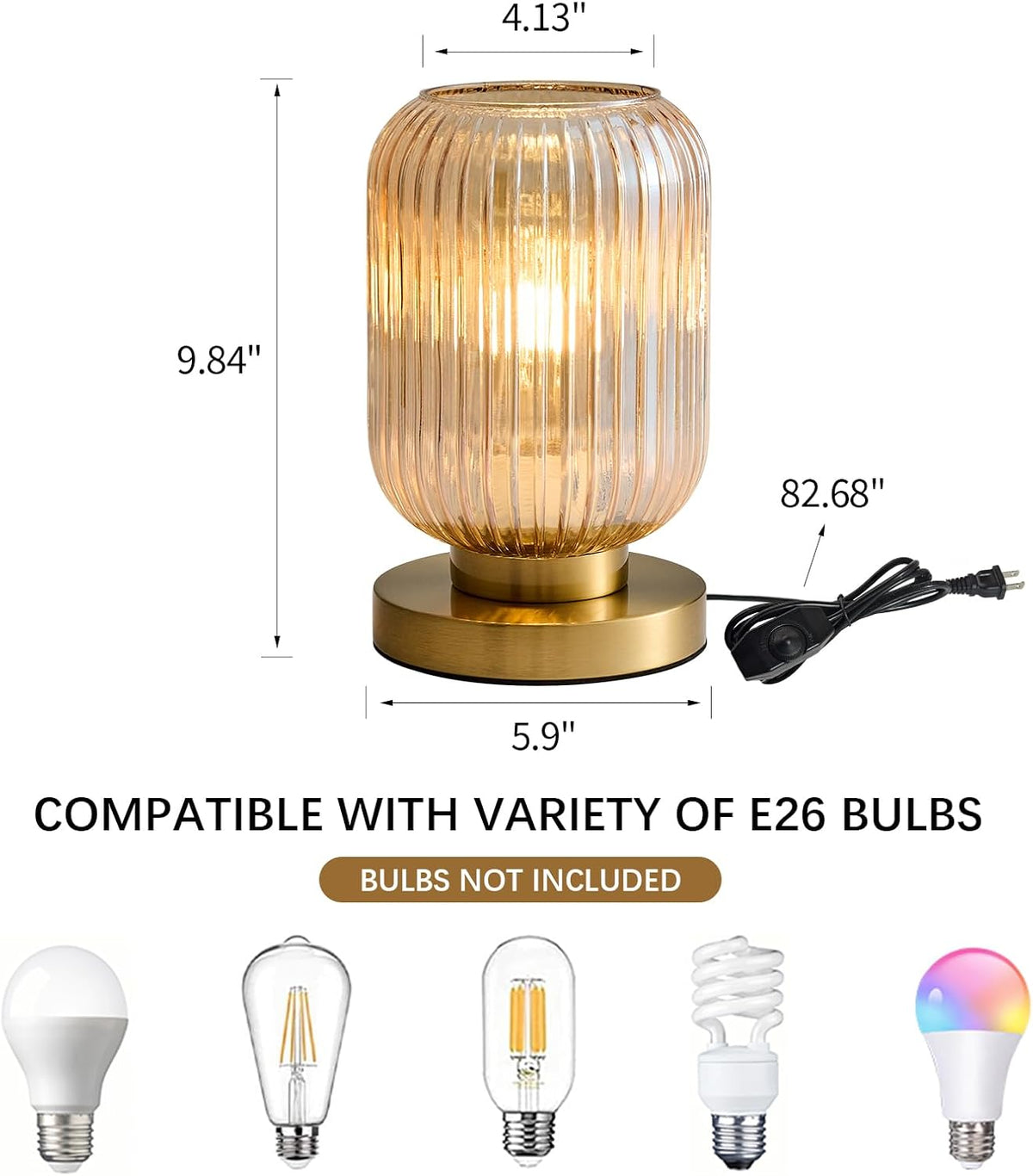 Amber Glass Table Lamp,Vintage Gold Base Ribbed Bedside Lamp