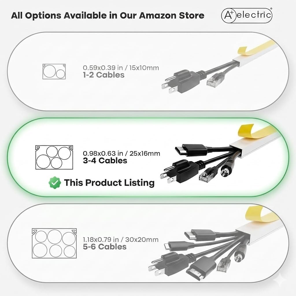 A+ ELECTRIC Cord Cover Full Kit, 26ft/315in Self-Adhesive Cable Raceway, 20 S...
