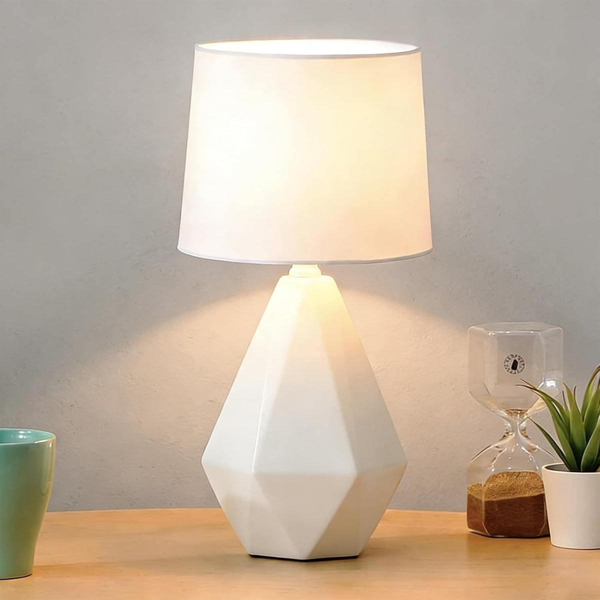 SOTTAE 15" Modern Small Ceramic Table Lamp, White Irregular Geometric Be...