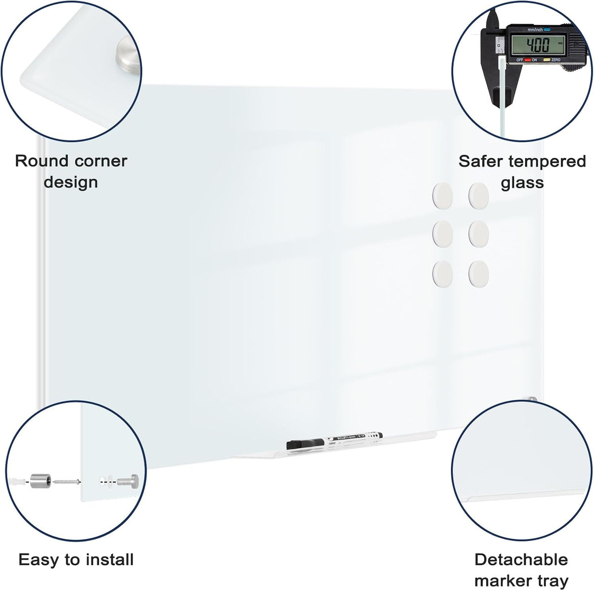Magnetic Glass Whiteboard, 24" x 18", Frameless Wall Mount, Normal ...