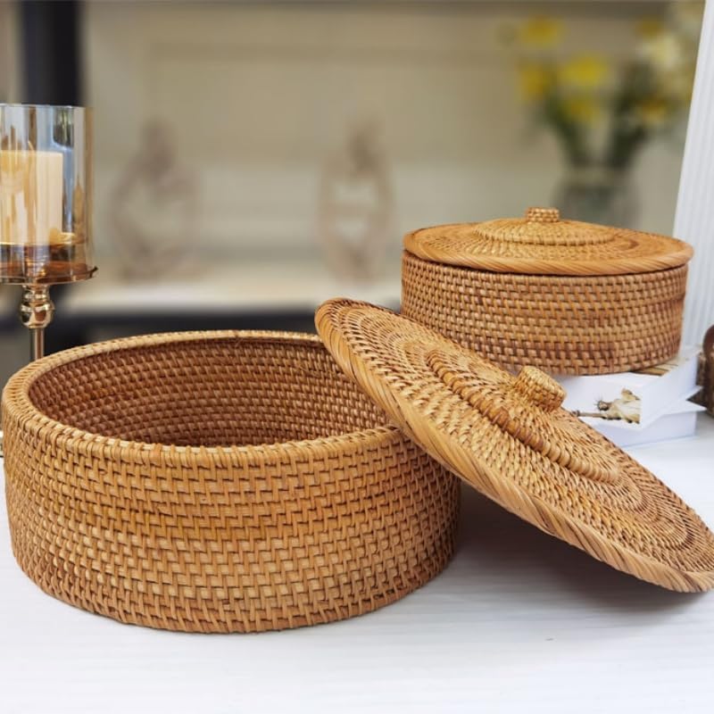 Rattan Basket With Lid, Lidded Wicker Storage Basket for Organizing, Woven Bo...
