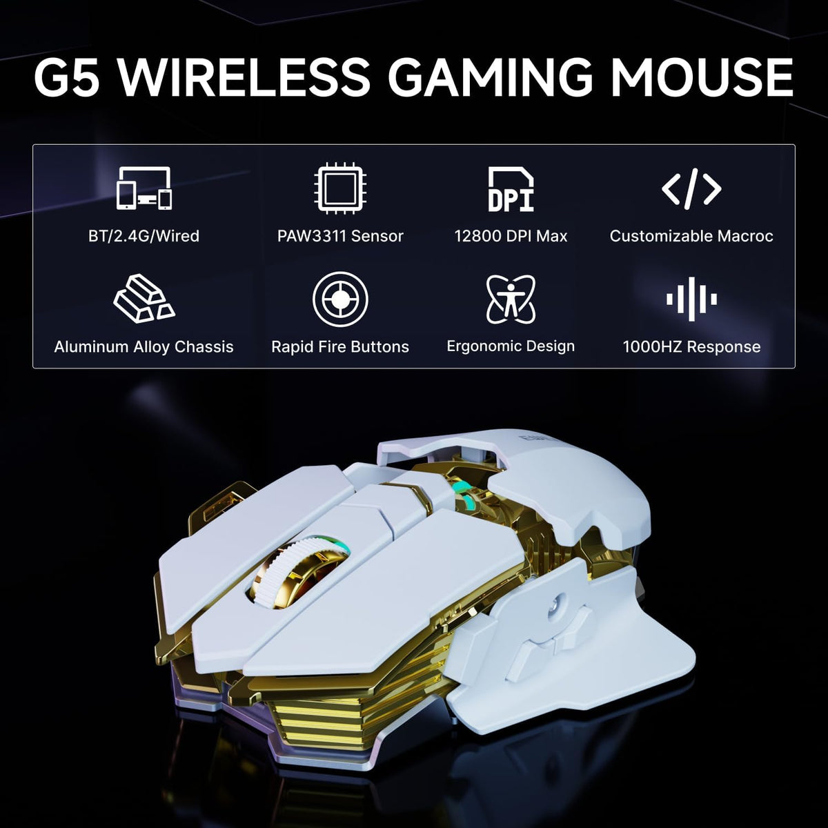 EWEADN G5 Tri-Mode Wireless Gaming Mouse, 12800 DPI Programmable Ergonomic Mo...