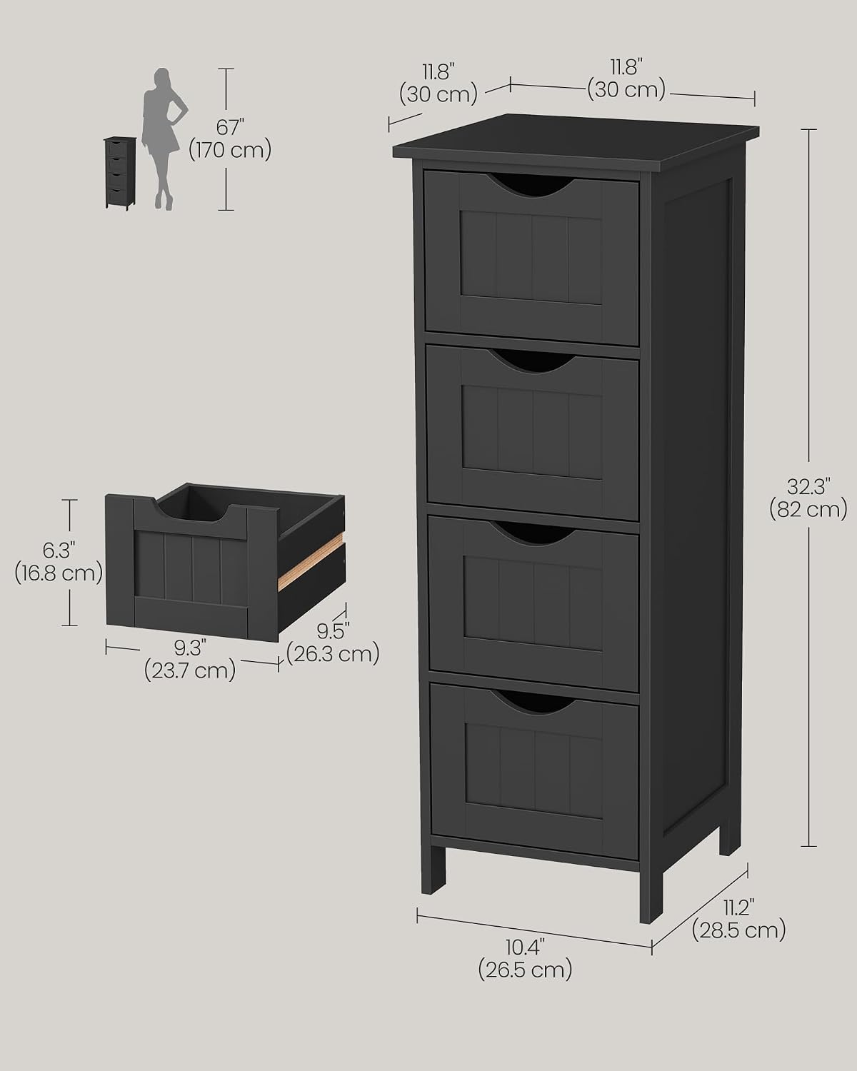 VASAGLE Floor Storage Cabinet, Freestanding Organizer with 4 Drawers
