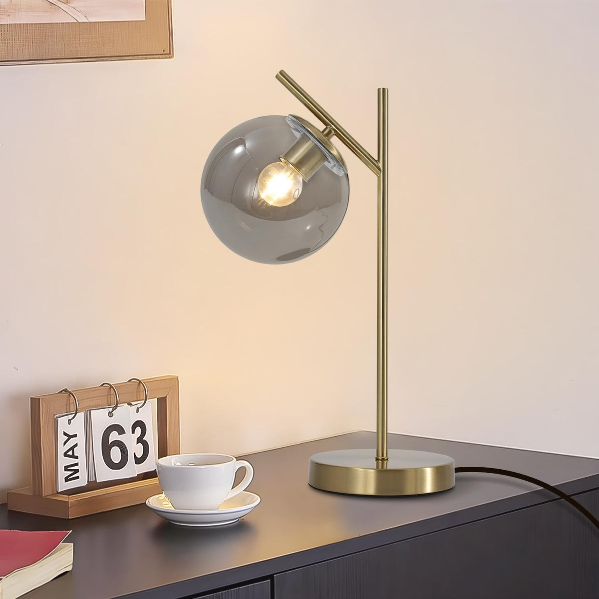 Mid Century Desk Lamp, Glass Globe Table Lamp with Gray Glass lampshade, Gold...