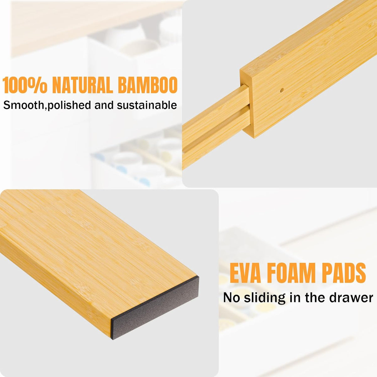 Bamboo Drawer Dividers Organizers, 2.56" High, 17"-21.8" Adjus...