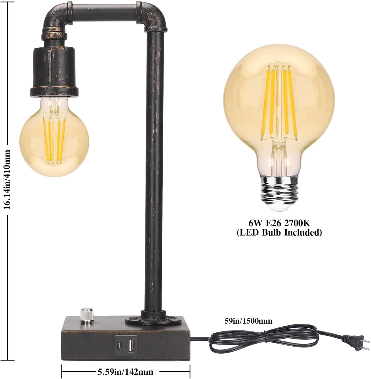 Industrial Table Lamp, Vintage Bedside Lamp with USB C and USB A Charging Por...