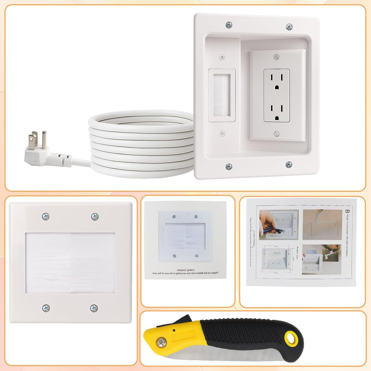 in-Wall TV Cable Management Kit with Recessed Dual AC Outlet, 9FT Extension C...