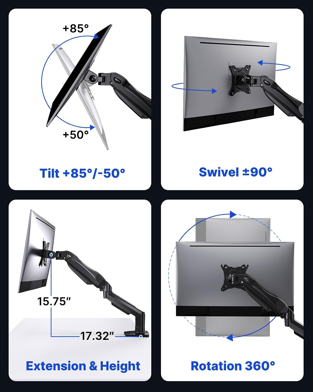 HUANUO 2 Pack Monitor Arm for Dual Monitor Setup, Single Monitor Mount for 13...