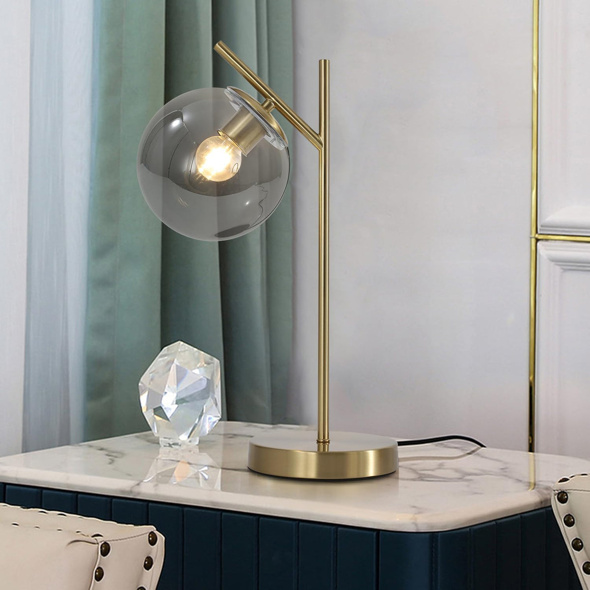 Mid Century Desk Lamp, Glass Globe Table Lamp with Gray Glass lampshade, Gold...