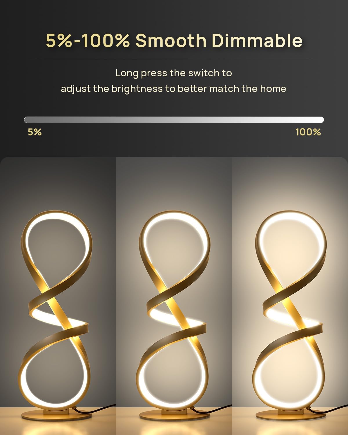 Gold Cool Table Lamps Set of 2, Modern LED Spiral Desk Light