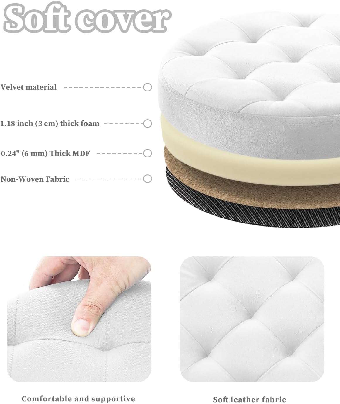 Bsketa Round Storage Ottoman, 14" Folding Velvet Foot Stool Rest,White