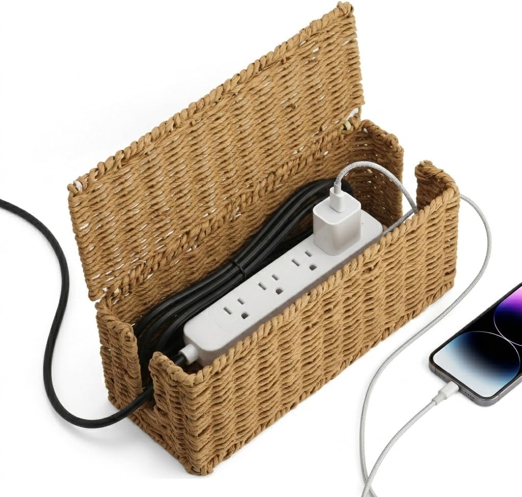 Handwoven Natural Raffia Cable Management Box with Lid – Decorative Cord Orga...