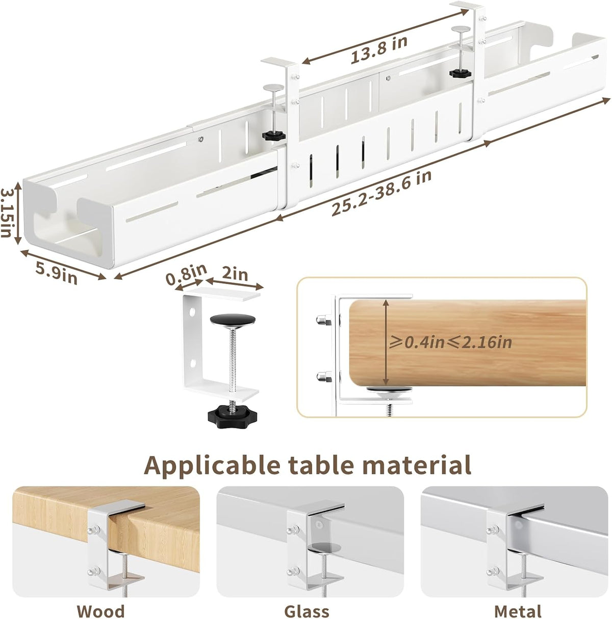 Under Desk Cable Management Tray,Expandable 25.2" – 38.6",White
