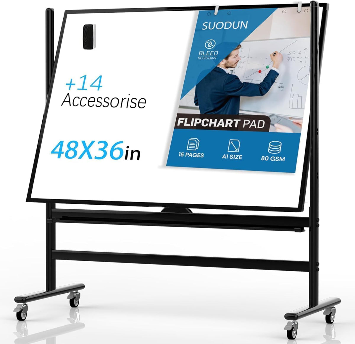 Mobile Rolling Whiteboard on Wheels 48" x 36" Double-Sided Magnetic
