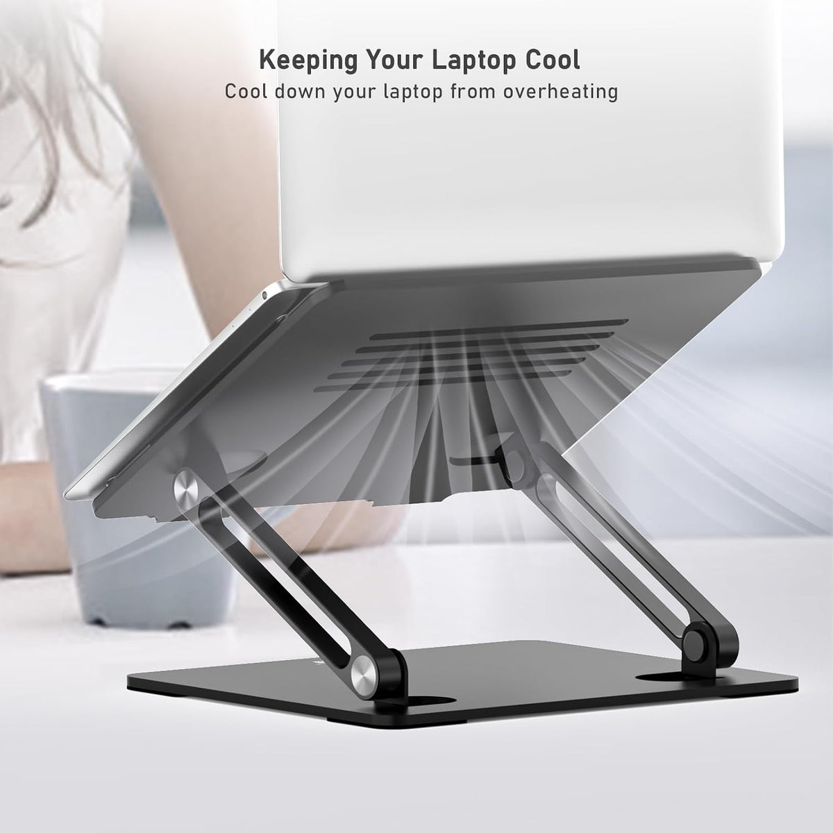 BoYata Laptop Stand, Adjustable Metal Desktop Riser, Up to 15 Inches, Black