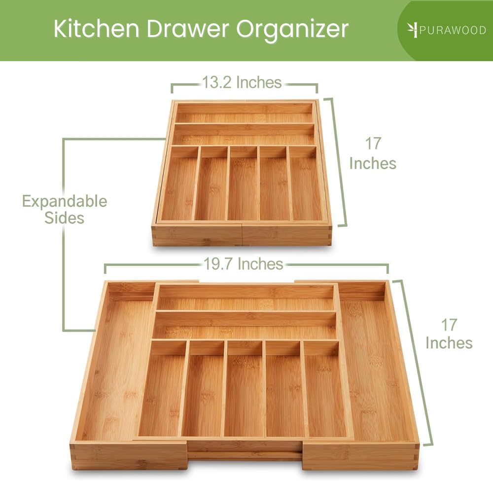 Purawood Expandable Bamboo Drawer Organizer 7-9 Slots, 2 Pack, Natural