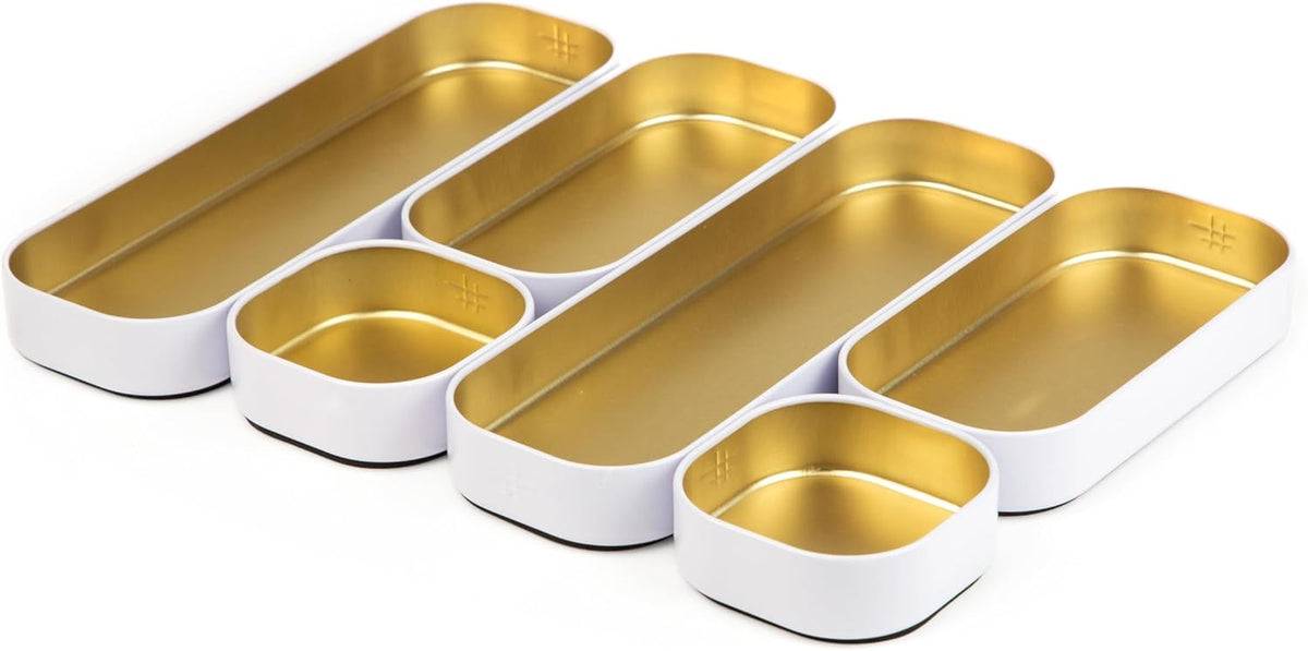 Three by Three Seattle Metal Drawer Organizer Tray Set, 6-Pc, 1" (Gold)