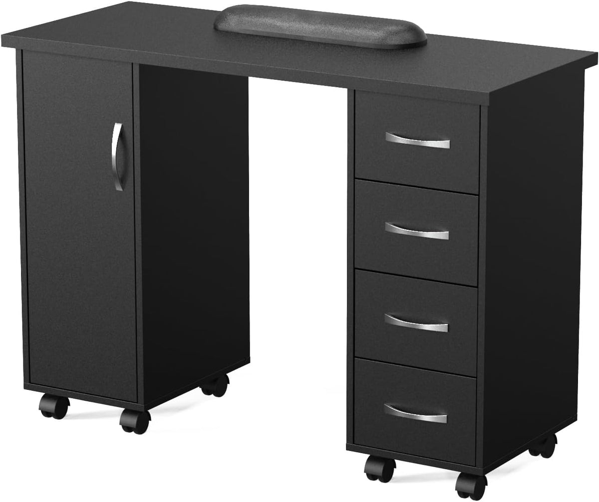 LEADZM Manicure Table Nail Desk w/Cabinet, Drawers, Wheels & Arm Rest, Sp...