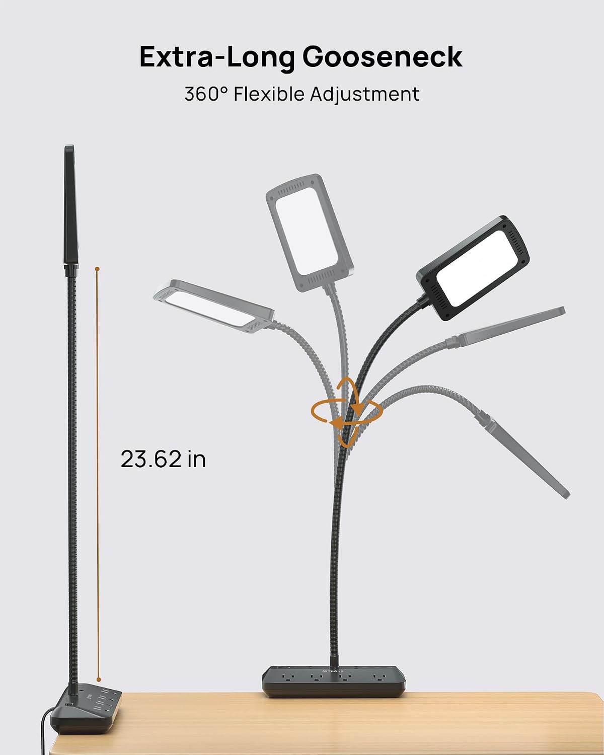 TROND LED Desk Lamp with Clamp Power Strip, 6ft Flat Plug Extension Cord