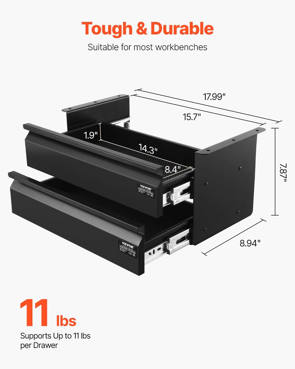VEVOR Under Desk 2 Layer Slide Out Drawer, 16 inch Under Desk Pull-out Drawer...