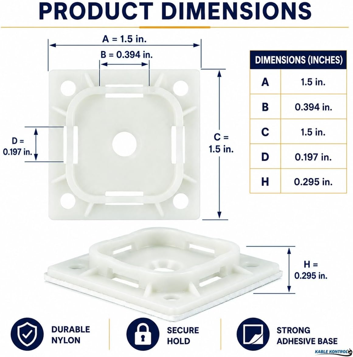 Kable Kontrol Zip Tie Mounts, 1-1/2” Natural White 2500 Pcs Adhesive Backed
