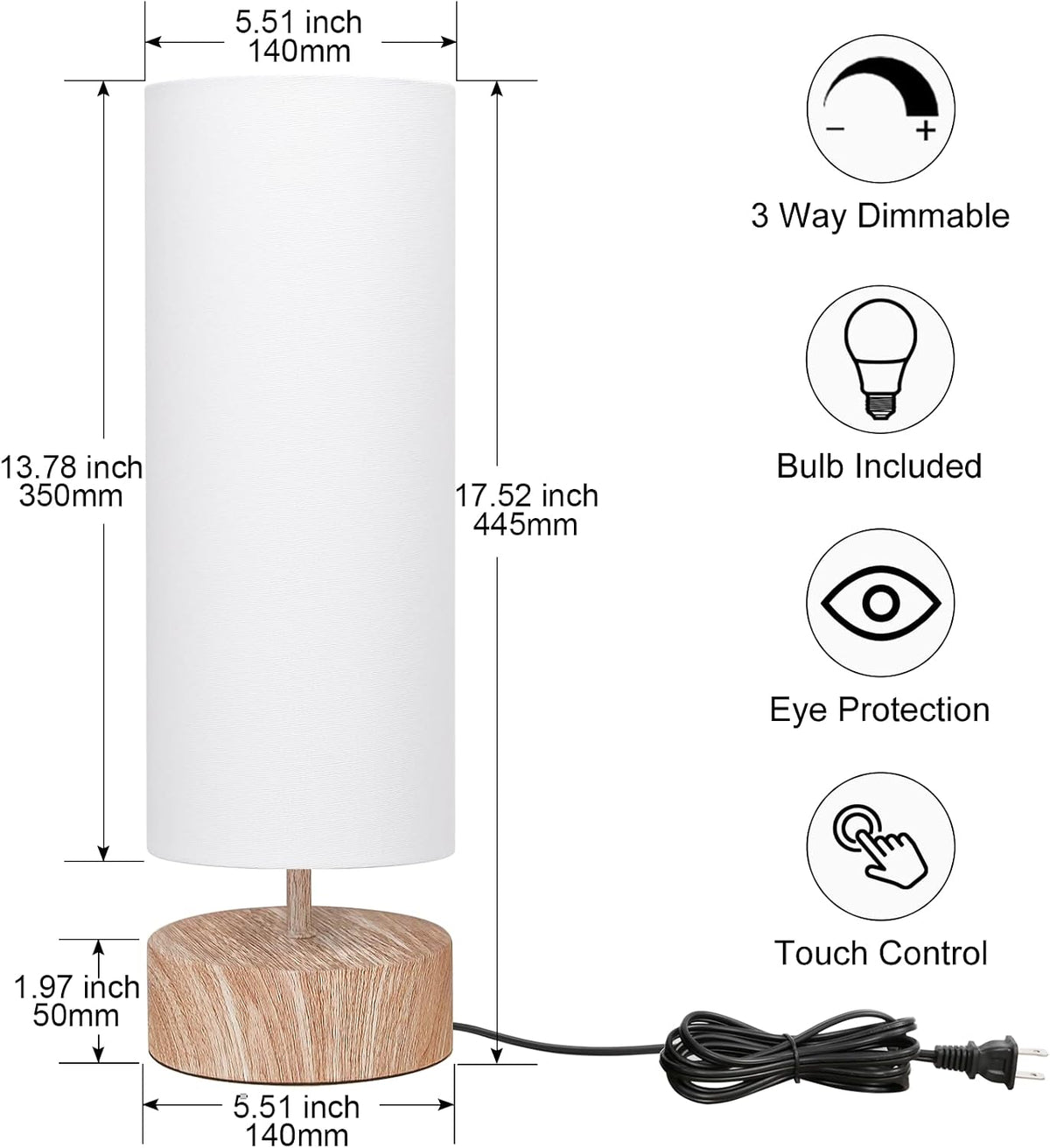 Touch Table Lamp with Wood Grain Metal Base, 3 Way Dimmable Bedside Lamp