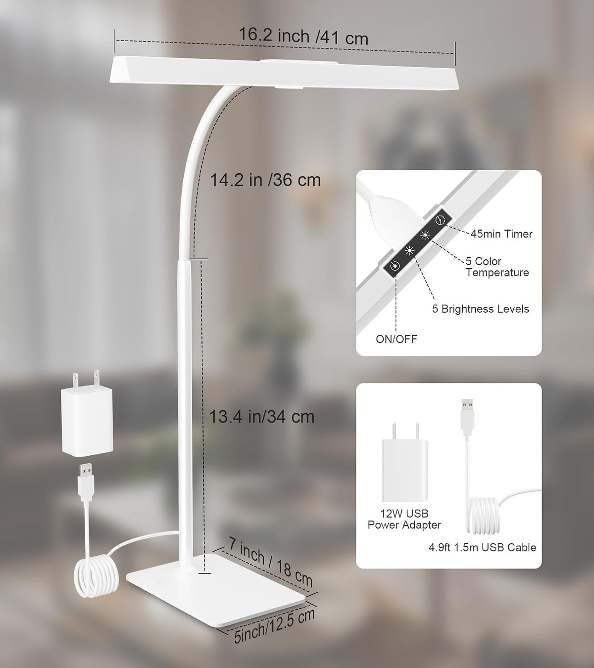 LED Desk Lamp for Home Office with Base, Eye-Caring Desk Light 12W, White