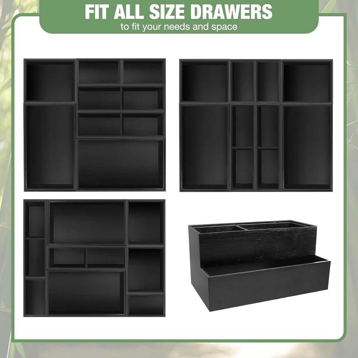 Bamboo Drawer Organizer Set, 8 PCS Black Multi-Use Drawer Storage Boxes, Junk...