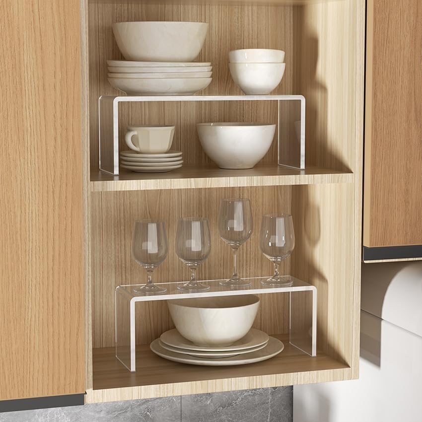 Aminigram Cabinet Shelf Organizer, 4 Pack Clear Riser(12.4 x 4 x 4.6 inch)